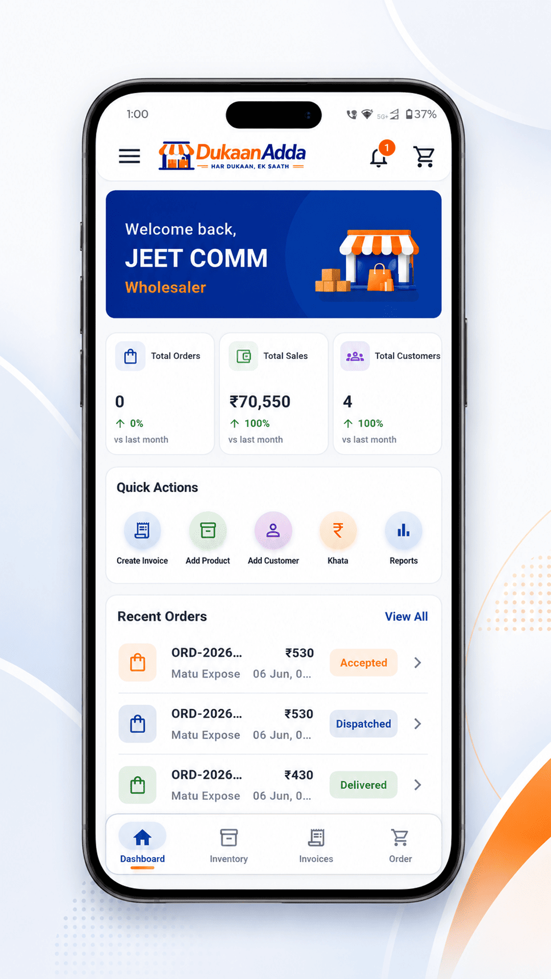 DukaanAdda mobile dashboard showing khata and business overview
