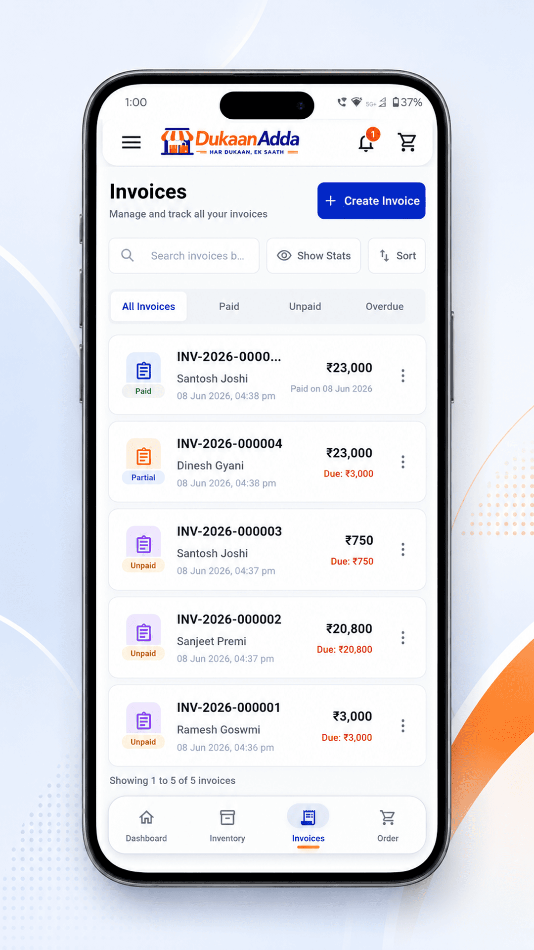 DukaanAdda mobile invoice screen
